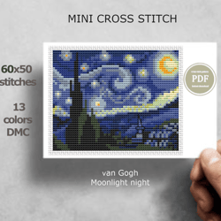 Mini cross stitch pattern Modern tiny art - Van Gogh - Moonlight night - Famous art Tiny miniature painting 213
