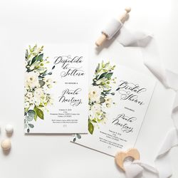 white roses spanish bridal shower invitation, boho despedida de soltera invitacion, white bridal shower invitation corjl