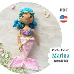 Crochet mermaid doll pattern, amigurumi mermaid girl Marina, PDF pattern by CrochetToysForKids