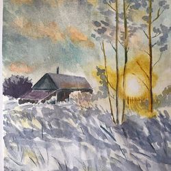 Winter scenery original watercolour painting wall art hand painted 7' by 9,5'