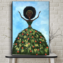 African Woman Painting Christmas Tree Art Black Woman Wall Art Acrylic Painting 16,5 × 23,3 by MyrikArt