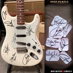 Deep Purple autographs guitar vinyl stickers Ian Paice, Roger Glover, Ian Gillan, Don Airey, Jon Lord, Ritchie Blackmore