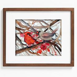 Red Cardinal original watercolor painting birds art 8x11 inch by Anne Gorywine