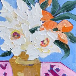 white flowers and apricots, original oil painting on canvas panel, fauvism art, matisse inspired, pink tablecloth.