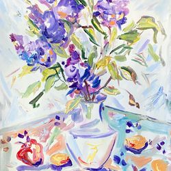 Lilac flowers painting oil painting on canvas Fauvism art Matisse inspired Flowers painting Interior decoration Gift