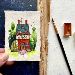 Mini art ACEO Original art Cottage painting Miniature watercolor 2.5x3.5 by Rubinova