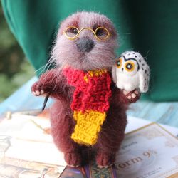Felted otter wizard with owl, Happy otter figurine