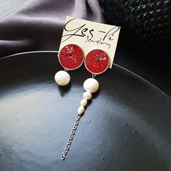 red mismatched earrings, circle enamel studs with natural pearls