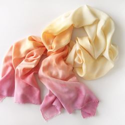 Women scarf Soft pink yellow tie dye long shawl Silk autumn neckerchief Mom birthday gift Thankgiving gift for sister