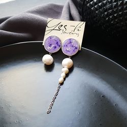 purple mismatched earrings, circle enamel studs with natural pearls