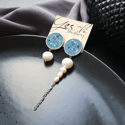blue mismatched earrings, circle enamel studs with natural pearls