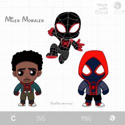 3 chibi miles morales svg cut file, baby spiderman spiderverse, cartoon spider boy, black spiderman vector