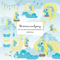 Vector clipart with unicorns, clipart with pony, vector clipart, pony illustration, unicorn baby