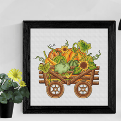 Pumpkin cart cross stitch pattern PDF, harvest cross stitch, pumpkin cross stitch, fall cross stitch