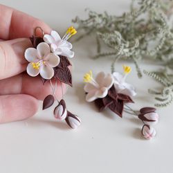 Cherry Blossom Earrings. Dangle Earrings. Soft Pink Flower Earrings. Polymer Clay Jewelry. Floral Jewelry.Blush Earrings