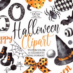 Happy HALLOWEEN clipart. Watercolor Fall, Halloween, Hand painted clipart 25 elements PNG. OliArtStudioShop