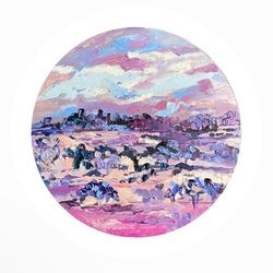Landscape painting Oil painting Round canvas Impasto art Landscape painting Sakura flowers painting Oil on canvas paint