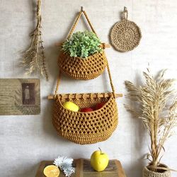Hanging Fruit Basket Kitchen Storage Cottagecare decor Hammock Vegetables Double Basket  Rustic Boho Style Wall Basket