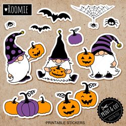 Halloween Printable Stickers with gnomes, pumpkins, bats, spiders, Digital files