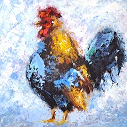Rooster Painting Bird Original Art Farm Animal Oil Painting Small Artwork 10" by 10" by D. Vyazmin