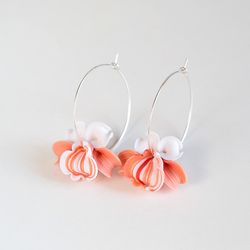 Peach Orchid Earrings Hoops. Flower In Hoops Earrings. Polymer Clay Jewelry. Tropical Flower Earrings Hoop.