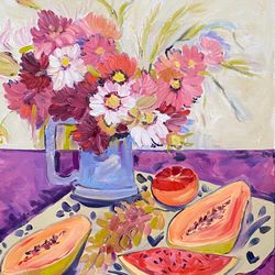 Flowers painting bouquet Cosmos papaya watermelon and grapes Original oil painting on canvas Fauvism art Australian art