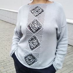 Women's sweater, granny square sweater, women's handmade sweater with sequins, cotton grey sweater, summer sweater