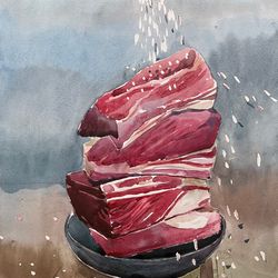 meat still life watercolor paper painting