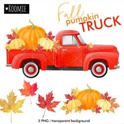Fall vintage red TRUCK with pumpkins PNG, Watercolor clipart