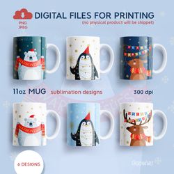 Christmas Animals Bundle, 11oz Mug Sublimation Designs with Penguin, Polar Bear and Deer, PNG JPEG Digital Download