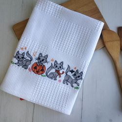 Halloween cats embroidered waffle towel, embroidered kitchen towels, hanging dish towel, halloween towel