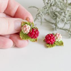 Raspberry Earrings. Red Berry Earrings. Polymer Clay Jewelry. Fruit Earrings. Berries Jewelry. Botanical Jewelry