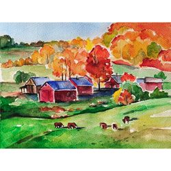 Vermont painting fall original art farm landscape painting New England leaf autumn artwork watercolor 8 by 6 wall art