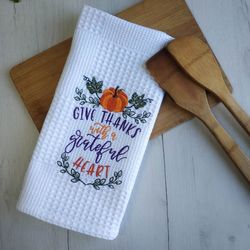 Fall towel, waffle towel, embroidered kitchen towels, kitchen towels with hanging loop, hanging dish towel, host gift