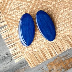 Big Oval Royal Blue Wooden Earrings Lightweight bohemian studs