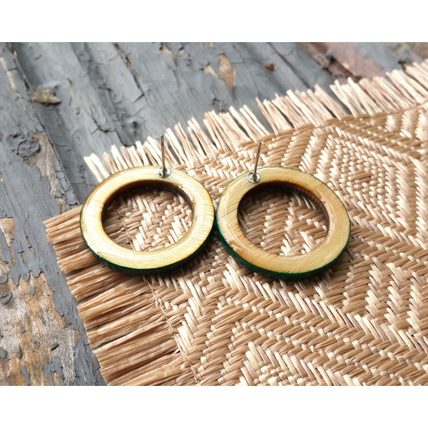 Green round earrings hoop wooden studs 1.jpg
