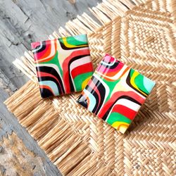 Bright Square Colorful Wooden Earrings Striped Summer Studs