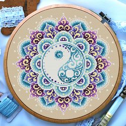Mandala cross stitch pattern, Yin Yang symbol cross stitch, Zen cross stitch, Cross stitch flowers, Digital PDF