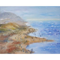 Beach People Painting California Original Art Seascape Artwork Coastal Wall Art Oil Painting Canvas