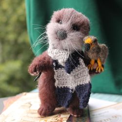 Felted otter with an eagle, Otter figurine