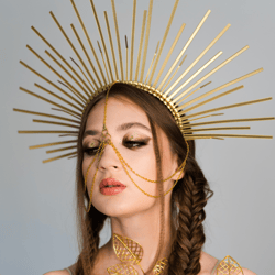 Moon halo crown Gold halo headpiece Face chain goddess headdress Celestial wedding Crystal tiara Halloween photoshoot