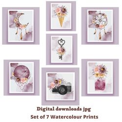 set of 7 watercolour prints,wall gallery set,printable wall decor,poster for kids room,nursery wall art,boho poster set