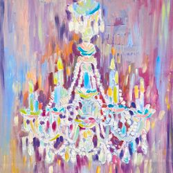 antique chandelier original oil painting on canvas vintage art expressionism chandelier painting impressionism decor art