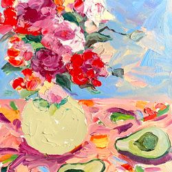 Roses and Avocado Oil painting on cardboard Original art Flowers bouquet painting Fauvism art Fruits and flowers Decor