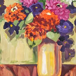 Zinnias and Petunias Still life Original gouache painting on heavyweight paper Flowers bouquet Fauvism art Matisse Gift