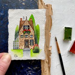 Painting of house ACEO Original art Cottage watercolor Miniature artwork 2.5x3.5 by Rubinova