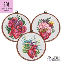 Anatomical heart cross stitch pattern , SET of 3 embroidery ornaments , flower heart cross stitch pattern, love ornament