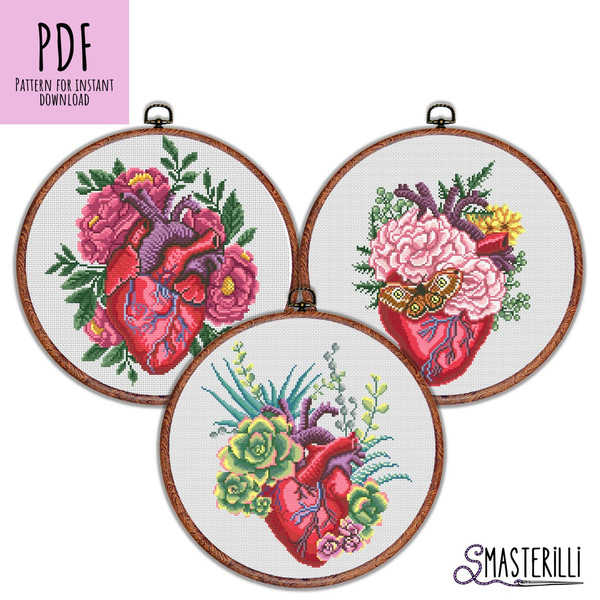 Anatomical heart cross stitch pattern with flowers and plants. Embroidery ornament by Smasterilli.jpg