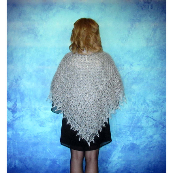 Hand knit gray shawl, Russian Orenburg shawl, Warm shoulder wrap, Goat down kerchief, Handmade stole, Wool cape, Cover up 3.JPG