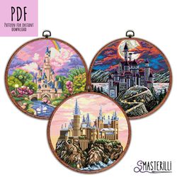 Fantasy castle cross stitch pattern PDF, set of 3 ornaments , fairy landscape cross stitch, magical palaces cross stitch